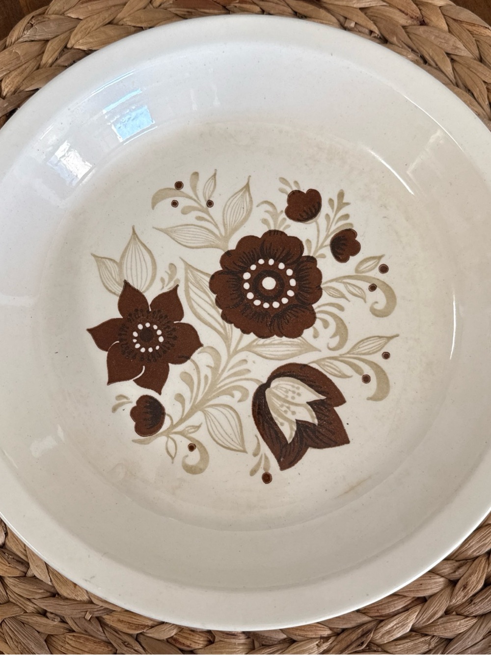 Vintage Floral Stoneware Pie Plate-Brown Floral on Cream